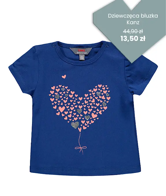 Niebieski t-shirt dziewczęcy z nadrukiem serca marki Kanz za 13,50 zł - Sklep internetowy z odzieżą dla dzieci