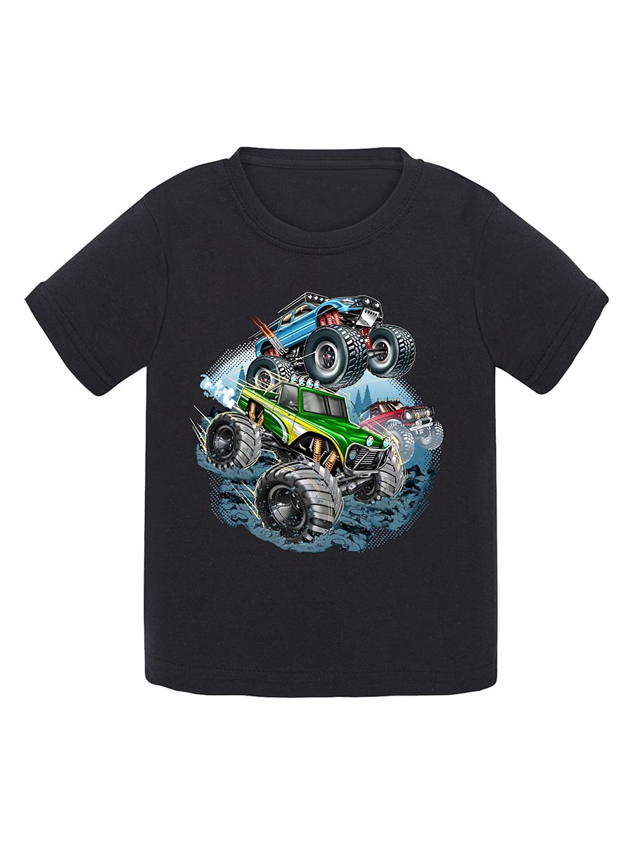 T-shirt chłopięcy z nadrukiem Monster trucków czarny