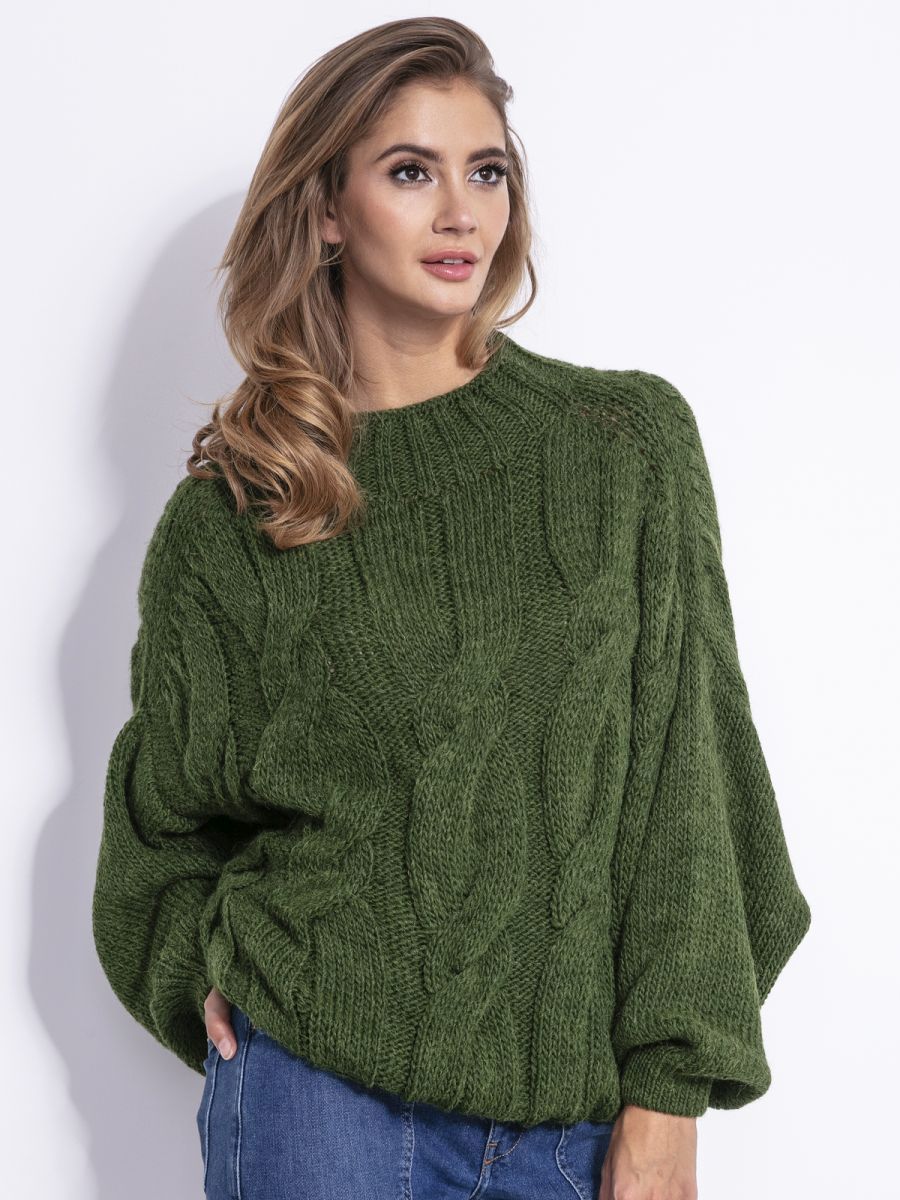 Sweter damski oversize, oliwkowy, Fobya