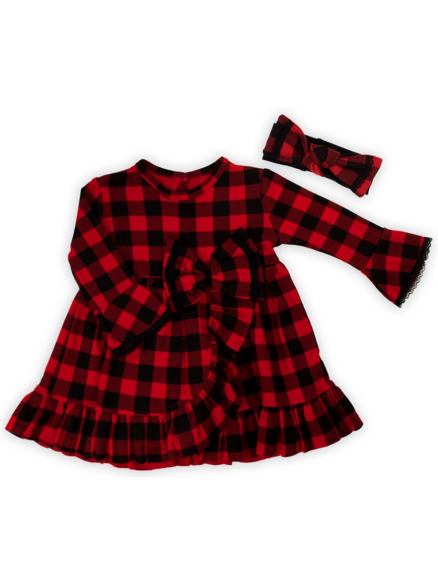 Komplet sukienka + opaska dla dziewczynki w kratkę czarno-czerwoną Nicol