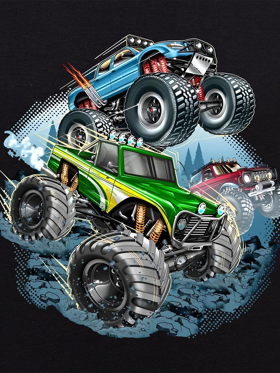 T-shirt chłopięcy z nadrukiem Monster trucków czarny