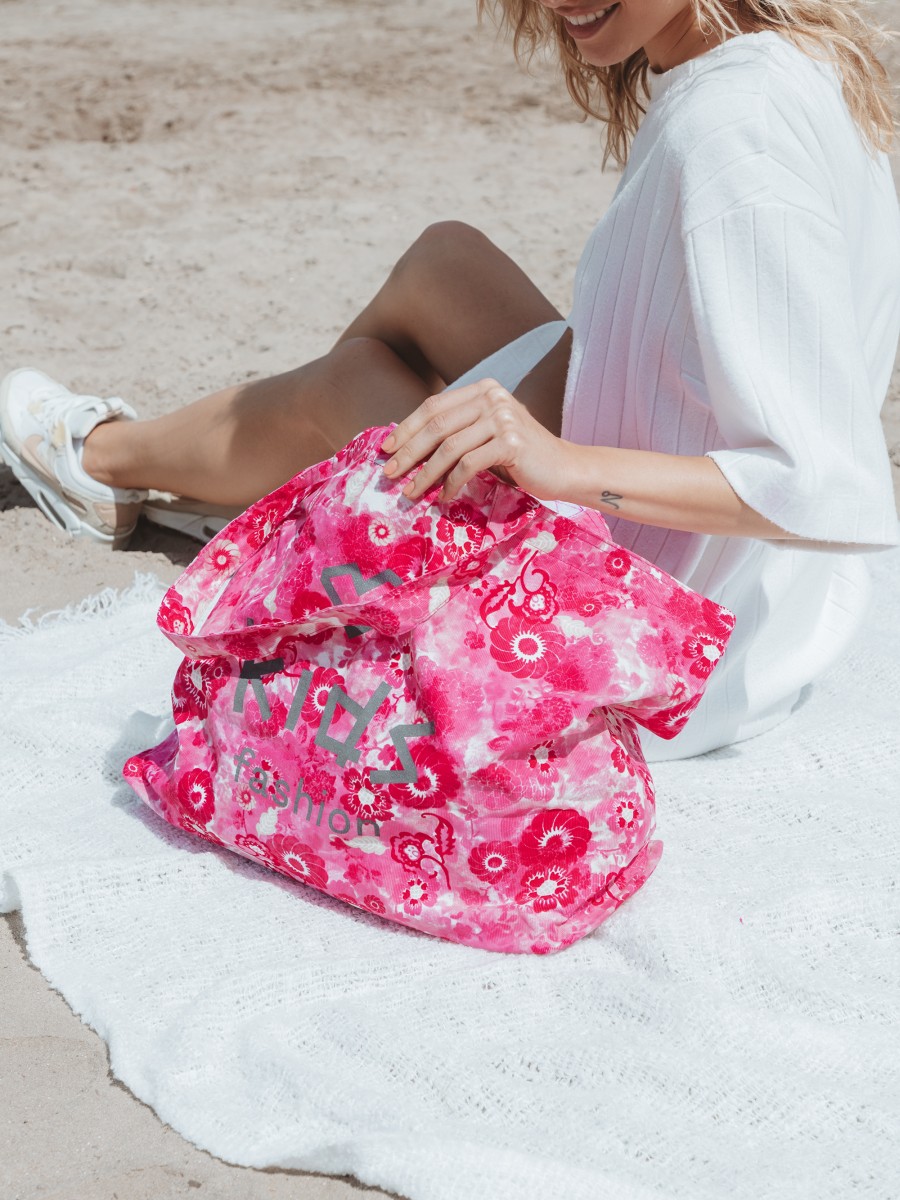 Torba shopper plażowa w kwiaty różowa