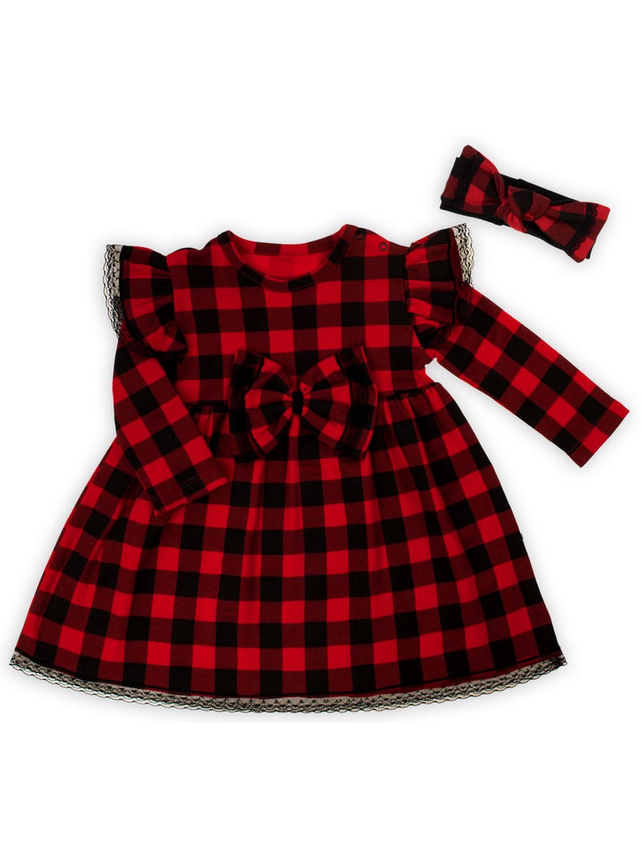 Komplet sukienka + opaska dla dziewczynki w kratkę czarno-czerwoną Nicol